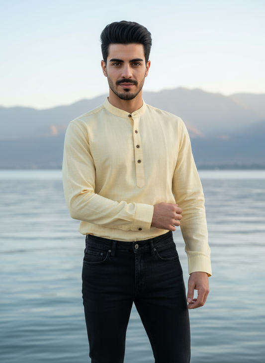 NANDi Men's Linen Long Sleeve Mid Length Shirt Sunshine Yellow for All-Season Casual Parties and Dates