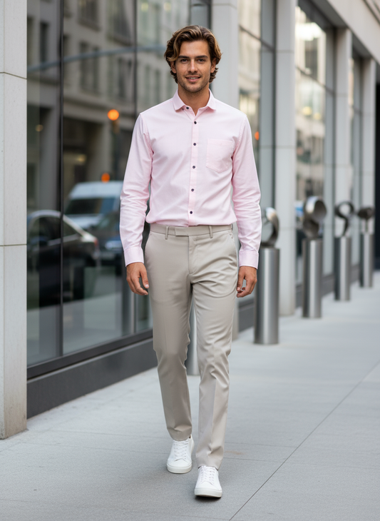 NANDi Men’s Soft Pink Self-Patterned Premium Cotton Full Sleeves Shirt